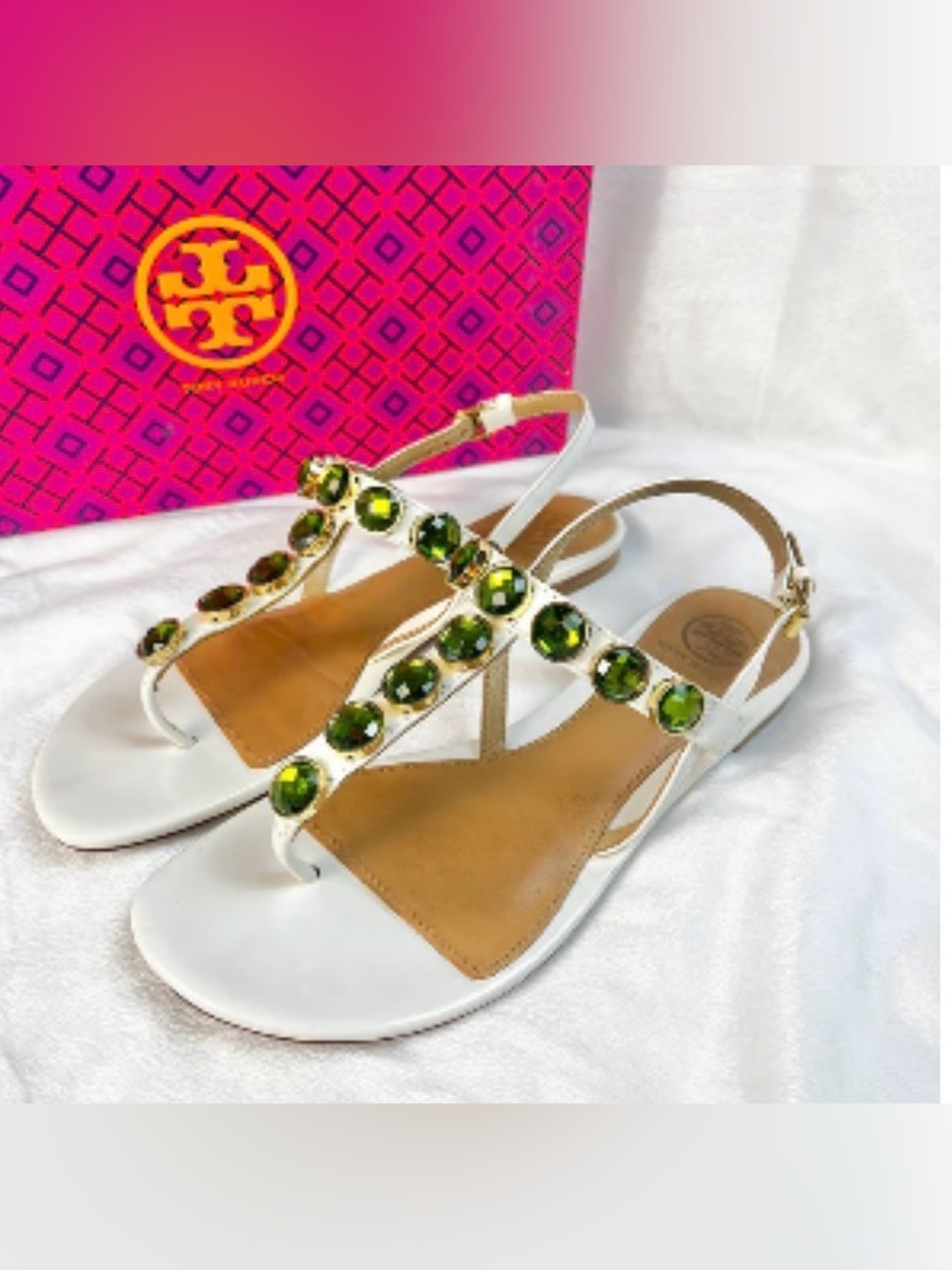 Tory Burch White Leather T-Strap Sandals with Green Gem Accents, Size 7.5M